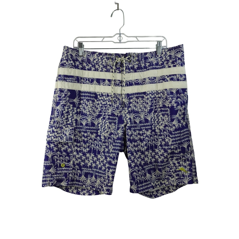 Tommy Bahama Swim Trunks Mens L Blue Palm Print Mesh Lined Drawstring Waist